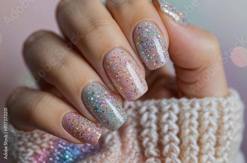 A hand with a gold and rainbow nail polish with glitter on it. The hand in a sweater