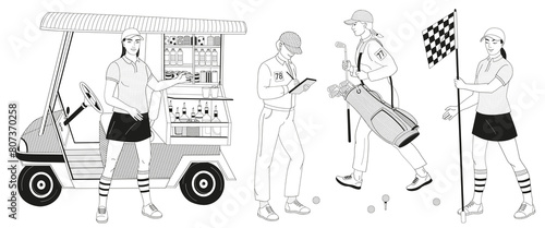golf club staff part 1 female caddie, beverage cart, caddy girls with flag, golf bag, clubs, golf clash notebook  black and white outline vector illustration