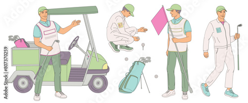 smiling golf club staff part 3 male  caddie, golf cart, caddy man with flag, golf ball, clubs, golf bag 