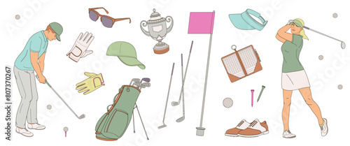 golf players male and female characters and set elements about golf - clubs, shoes, flag, sunglasses, competition cup, gloves, golf bag, ball, clash notebook
