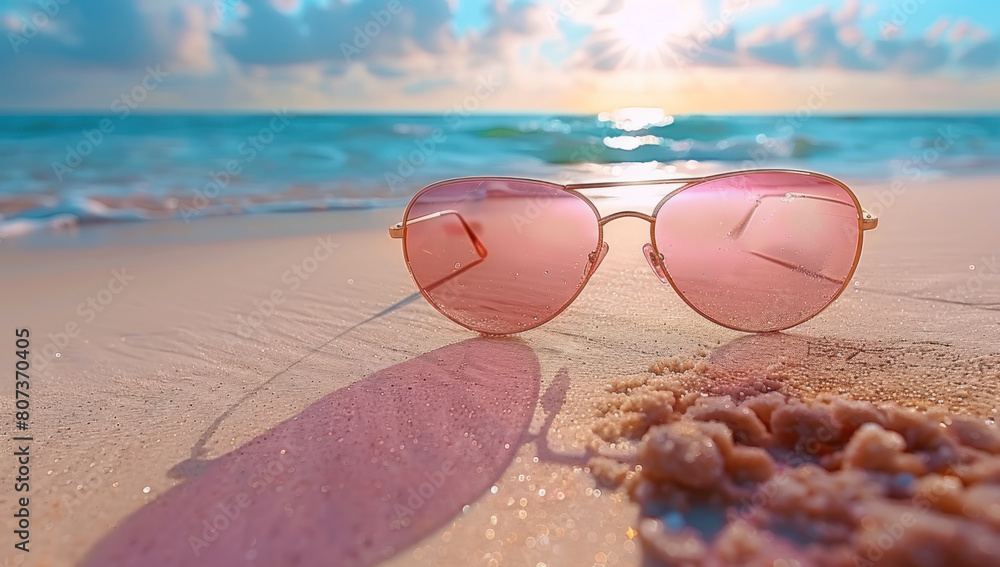 Sunglasses beach. Collage. Summer vacation. Beautiful nature, sunny tropical. Family holiday, in sand. Cool sea background. Travel and relax.