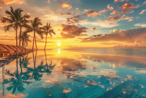 Infinity pool with beach benches at sunset and palm tree  leisure   vacation  traveling