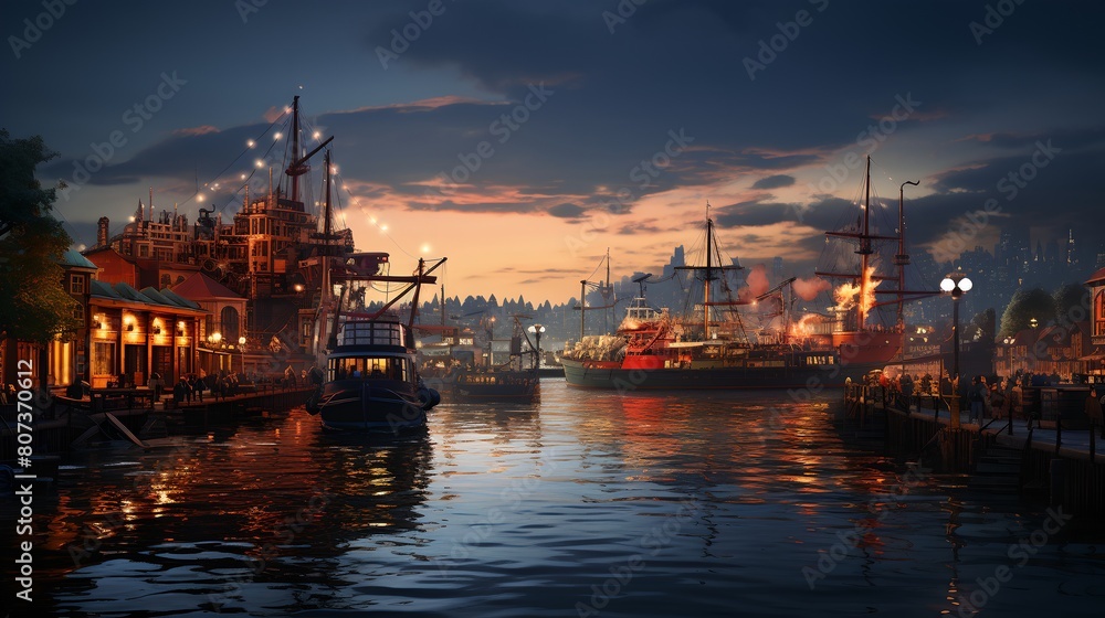 a painting of a harbor with a boat and a ship in the water at night time with a city in the background..