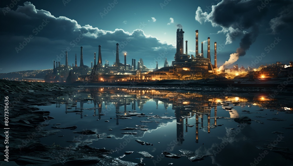 Obraz premium a factory with smoke stacks and a body of water at night with a cloudy sky above it and a reflection of the water..