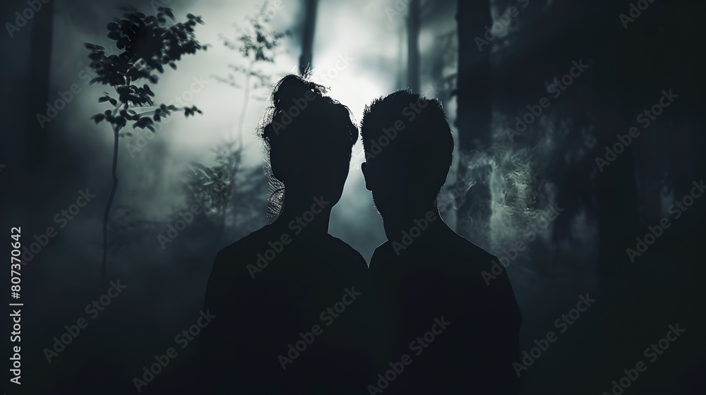 Silhouettes of Two People Against a Misty Forest Background, Evoking Mystery and Drama in Monochrome Style. Eerie and Atmospheric Image Capturing a Moment of Contemplation or Horror. AI