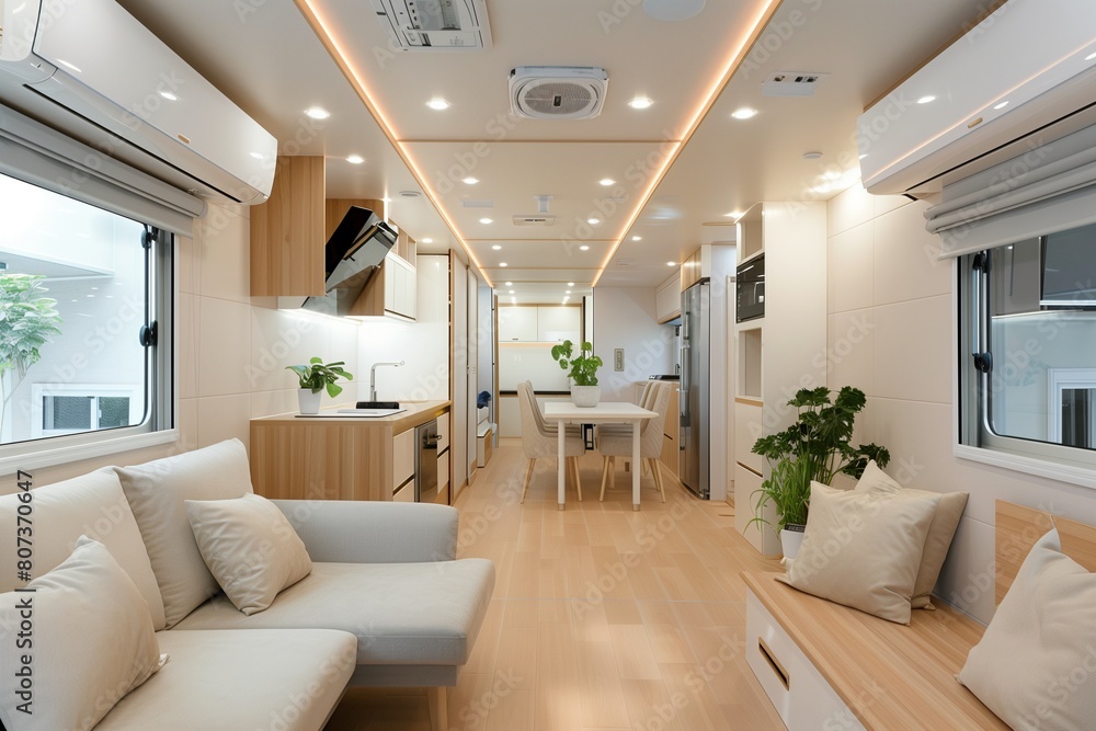 Fototapeta premium Modern Minimalist Mobile Home Interior with Open Plan Living Space and Natural Light
