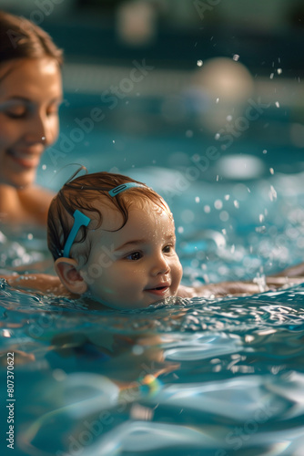 A cute toddler child swimming with mom in the pool. High quality photo