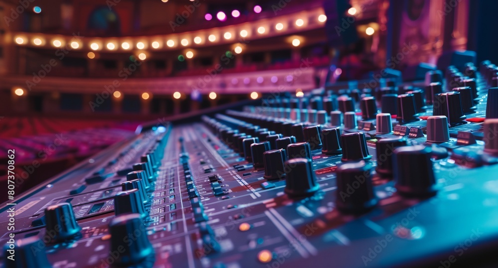 a mixing board in a concert hall with lights on the ceiling and a stage in the background with a row of seats..