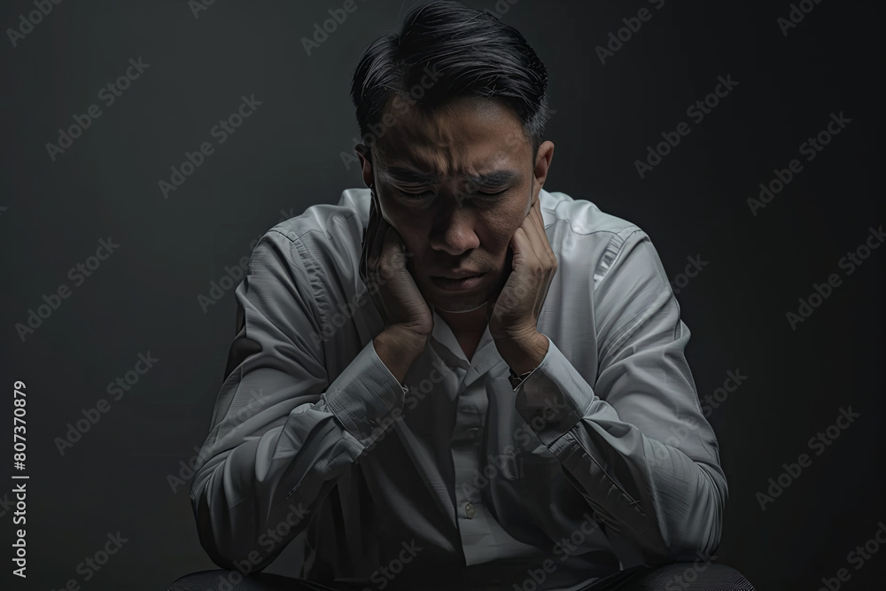 Stress, depression and despair businessman or mental illness and worry concept space for text
Stress, depression and despair businessman or mental illness and worry concept space for text