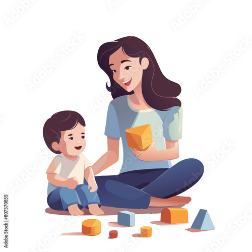 Mother and child playing. Family sitting on floor and communication in game. Brick in hand. Cartoon illustration