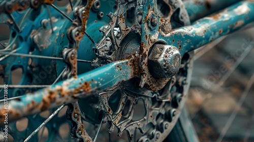 a close up of a bike's front wheel and spokes with rust on it and a chain..