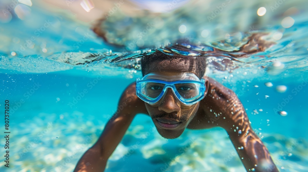 A man is swimming in the water wearing goggles, engaging in a recreational activity.