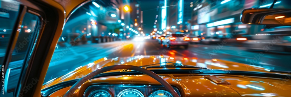 a car driving down a city street at night time