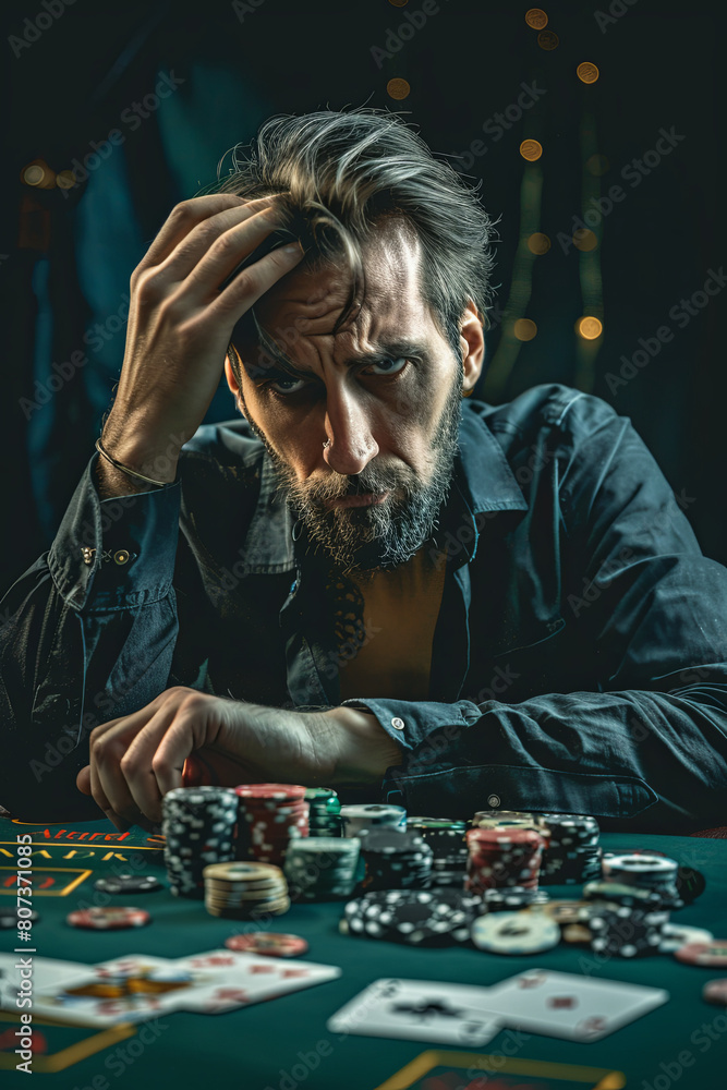 Devastated gambler man losing a lot of money playing poker in casino, gambling addiction. Divorce, loss, ruin, debt, ludopata concept Devastated gambler man losing a lot of money playing poker in casino, gambling addiction. Divorce, loss, ruin, debt, ludopata concept