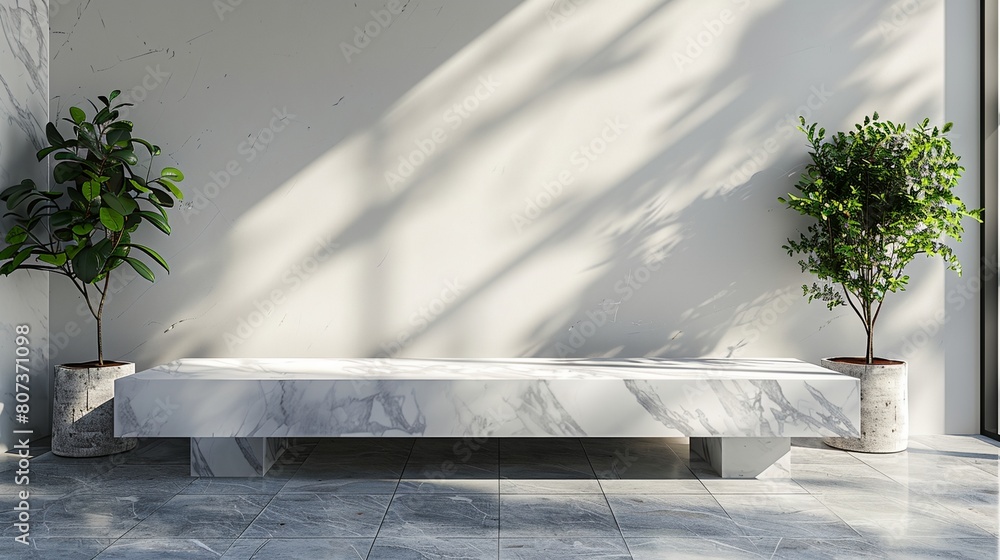 a marble bench with two potted plants on it in a room with a white wall and a large window a marble bench with two potted plants on it in a room with a white wall and a large window