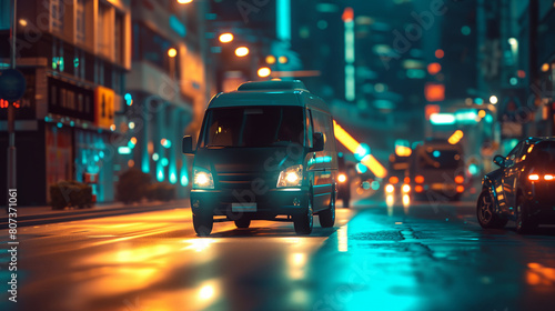 a van driving down a city street at night time © progressman