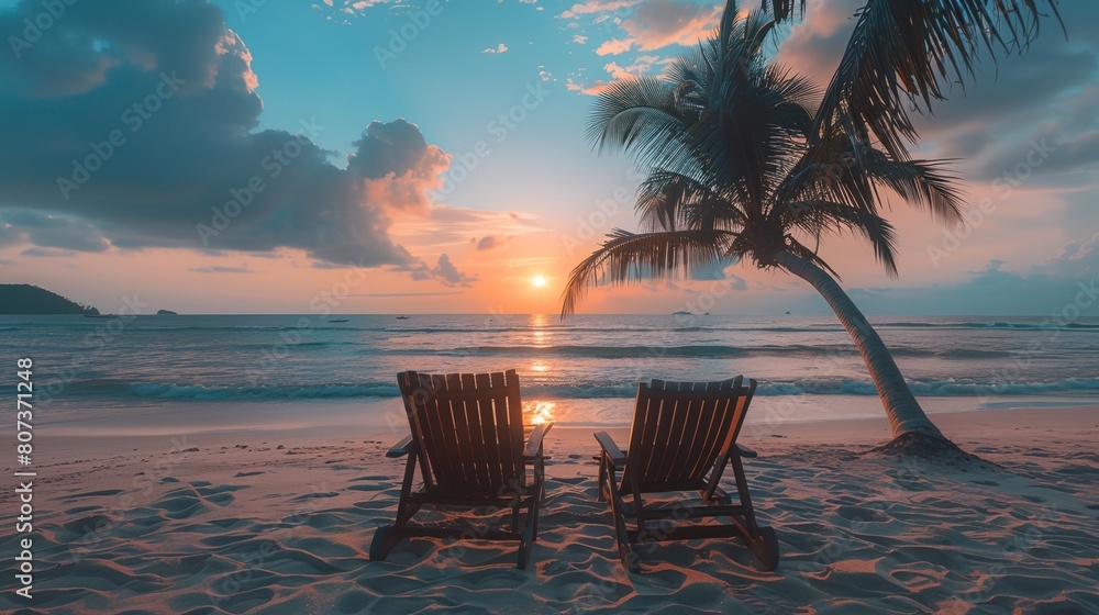 two chairs sitting on a beach under a palm tree at sunset