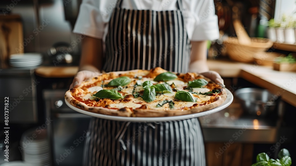Chef presenting freshly baked pizza in a modern restaurant kitchen. Gourmet Italian dish served with style. Culinary delight in casual dining. Appetizing meal ready to eat. AI