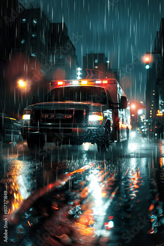 an ambulance racing through the rain on a stormy night with motion blur 