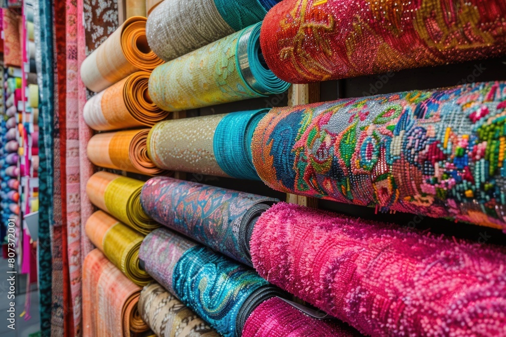 A variety of vibrant fabrics on display, perfect for textile industry promotions A variety of vibrant fabrics on display, perfect for textile industry promotions