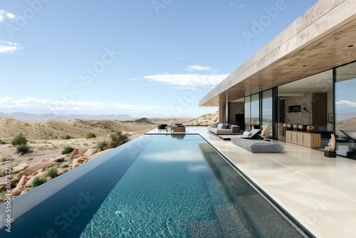 Sleek and modern desert home oasis featuring a seamless indoor-outdoor design with a luxurious infinity pool photo