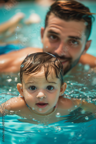 A small toddler child baby swimming in the pool with dad. High quality photo