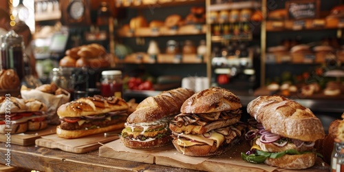 A variety of sandwiches displayed on a rustic wooden table. Ideal for food and restaurant concepts