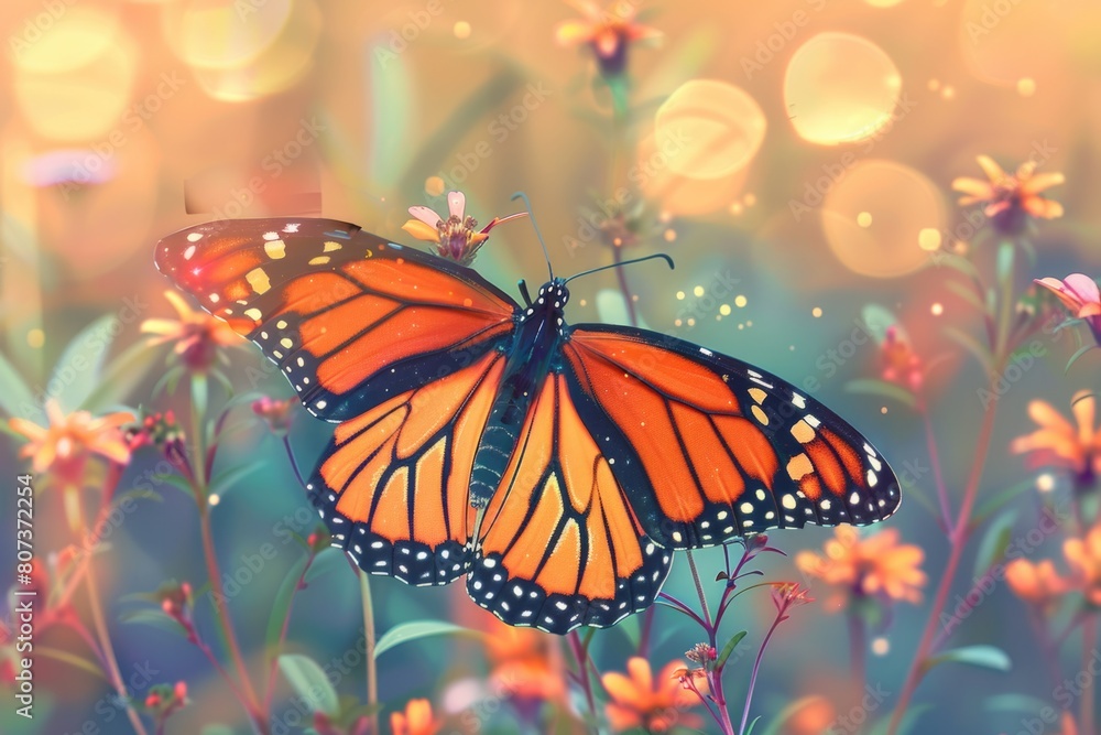 Fototapeta premium Beautiful monarch butterfly resting on a flower, perfect for nature-themed designs