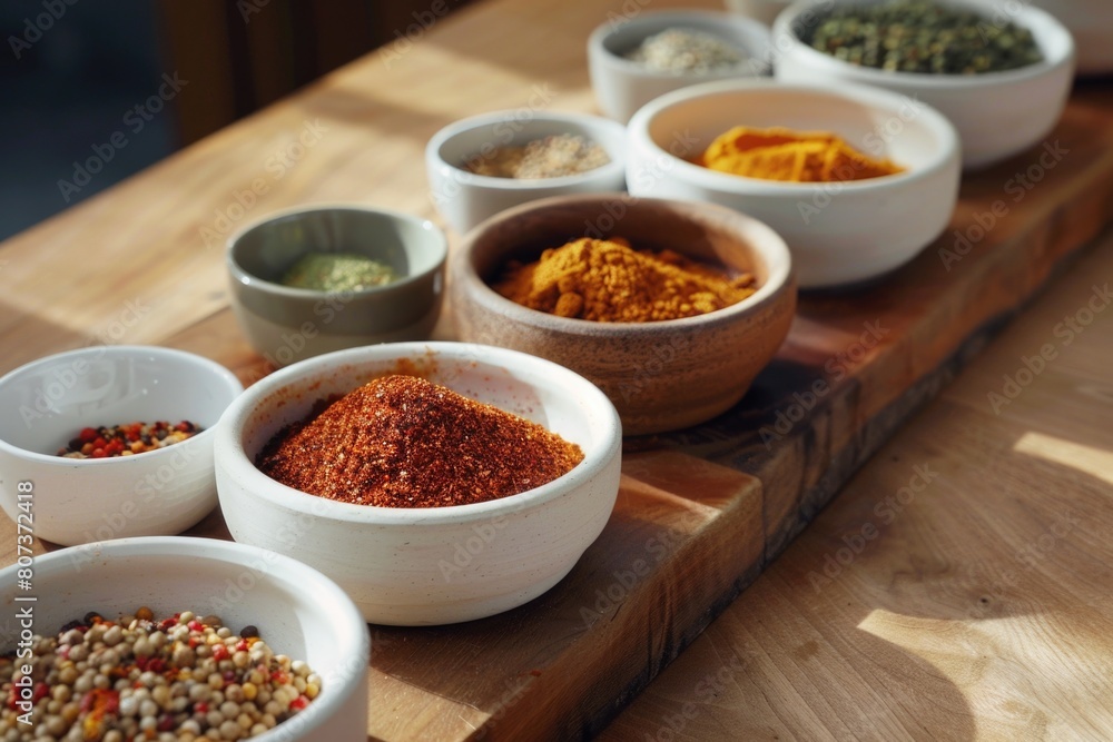 A wooden cutting board with bowls of spices, perfect for food and cooking concepts A wooden cutting board with bowls of spices, perfect for food and cooking concepts