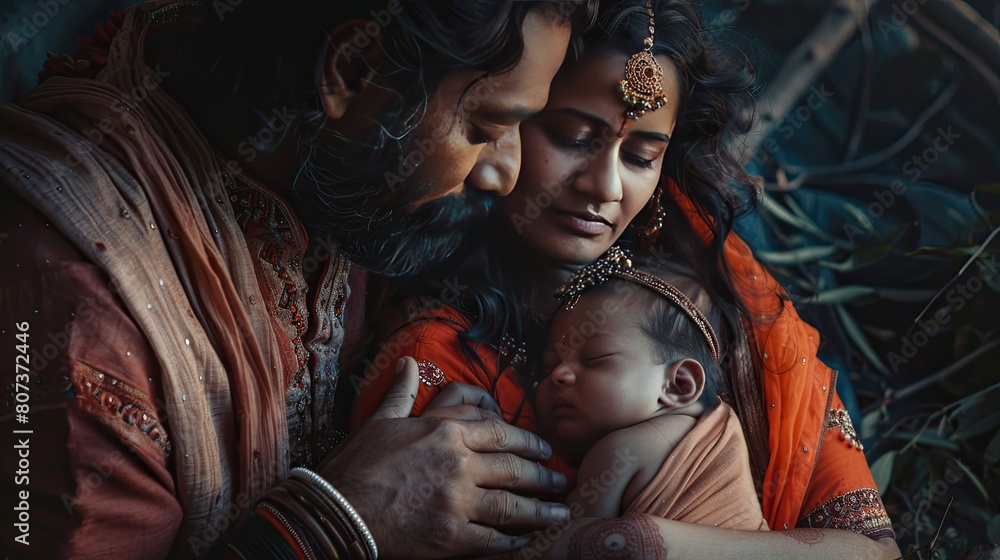 Retro Indian Family Portrait: Aerial View of Couple Holding Baby Retro Indian Family Portrait: Aerial View of Couple Holding Baby