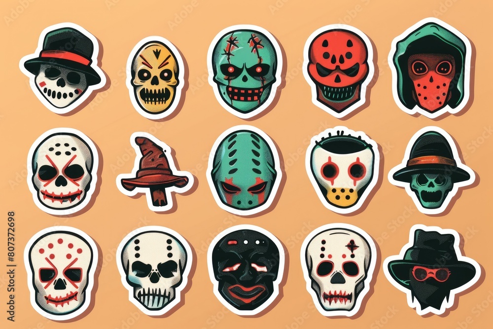 A collection of stickers featuring various skull designs. Perfect for adding a spooky touch to any project