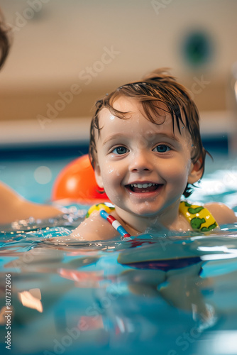 A small toddler child baby swimming in the pool with dad. High quality photo