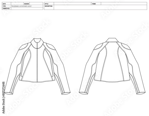 High-End Luxury Leather Biker Jacket: Vector Flat Sketch for Fashion Design and Manufacturing, Fashion Flat Sketch Leather Jacket Flats Sketch, Leather CAD design, fashion CAD, Customizable Garment
