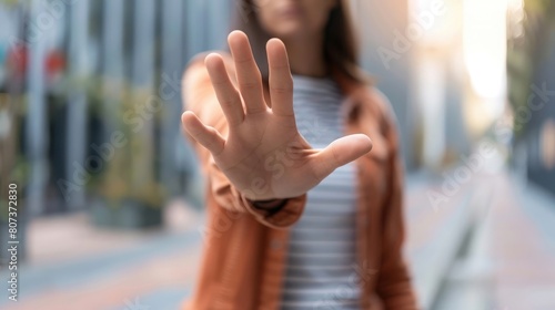 Closeup of a person setting boundaries and saying no to a request using their emotional intelligence to recognize their limits and prioritize their wellbeing in both personal and professional photo