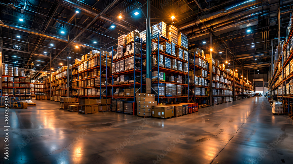 A wideangle view of an industrial warehouse with rows and rows of pallets filled with boxes