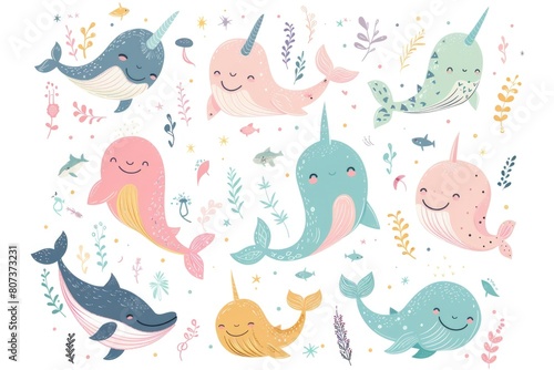 A group of adorable narwhals surrounded by plants and flowers. Perfect for educational and nature-themed projects