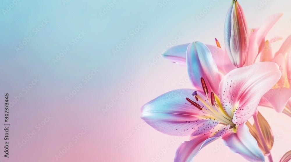 Pink lily flower isolated on gradient pink and blue background with copy space text. Elegant floral panorama banner for Mother’s Day, romantic Valentine's, Happy Birthday, spring and summer Pink lily flower isolated on gradient pink and blue background with copy space text. Elegant floral panorama banner for Mother’s Day, romantic Valentine's, Happy Birthday, spring and summer