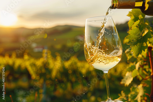Wine glass with pouring white wine and vineyard landscape in sunny day. Winemaking concept, copy space 