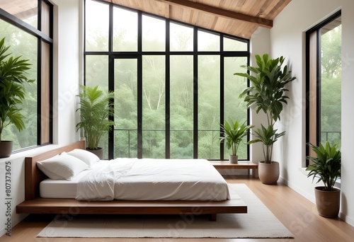 A minimalist and cozy bedroom with a wooden platform bed, natural decor elements like plants and branches, and a large window providing natural light