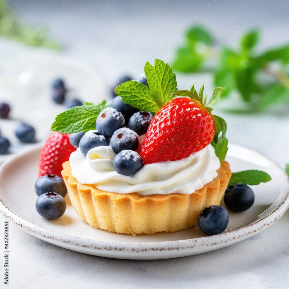 Shortbread tartlet with custard and berries, blured background, close-up,copy space Shortbread tartlet with custard and berries, blured background, close-up,copy space