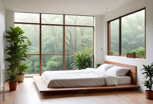 A minimalist and cozy bedroom with a wooden platform bed  natural decor elements like plants and branches  and a large window providing natural light