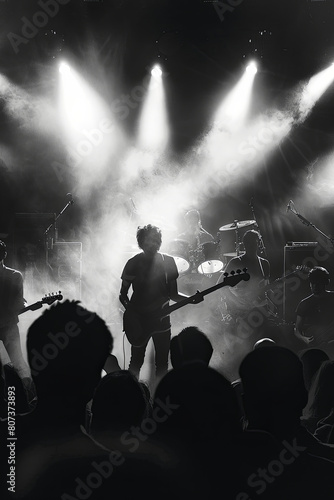 Concert Crowd. Silhouettes young people in front of bright stage lights. Band of rock stars  © Fabio
