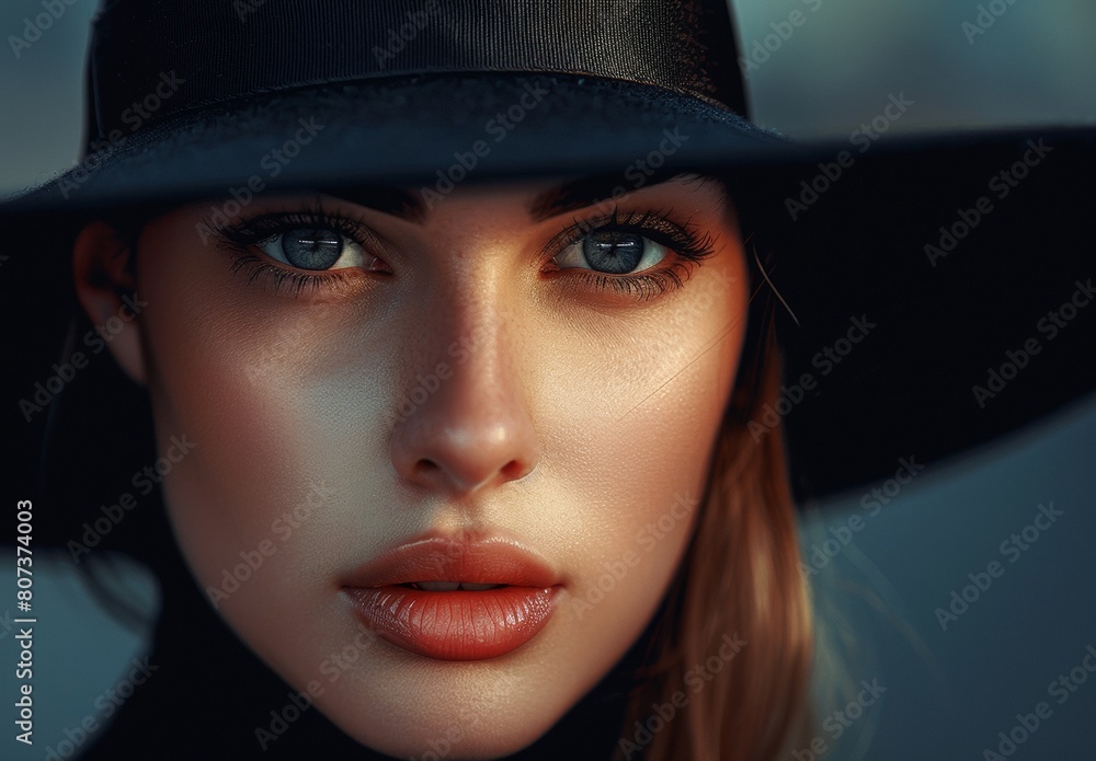 Close-up portrait of a beautiful young woman featuring intense eye contact and bold red lipstick, emphasizing her elegant beauty. Close-up portrait of a beautiful young woman featuring intense eye contact and bold red lipstick, emphasizing her elegant beauty.