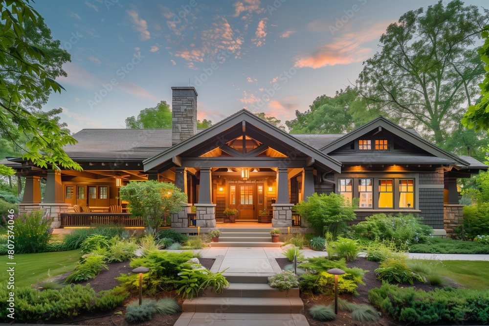 Stunning Craftsman Home Exterior with Detailed Woodwork and Lush Landscaping