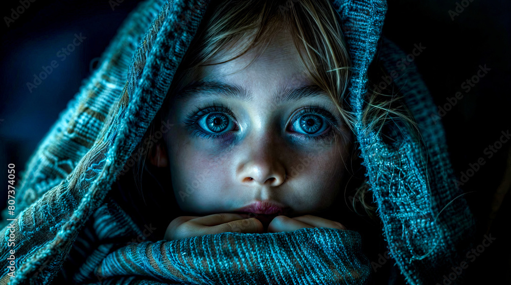 A young girl with blue eyes is wearing a blue blanket