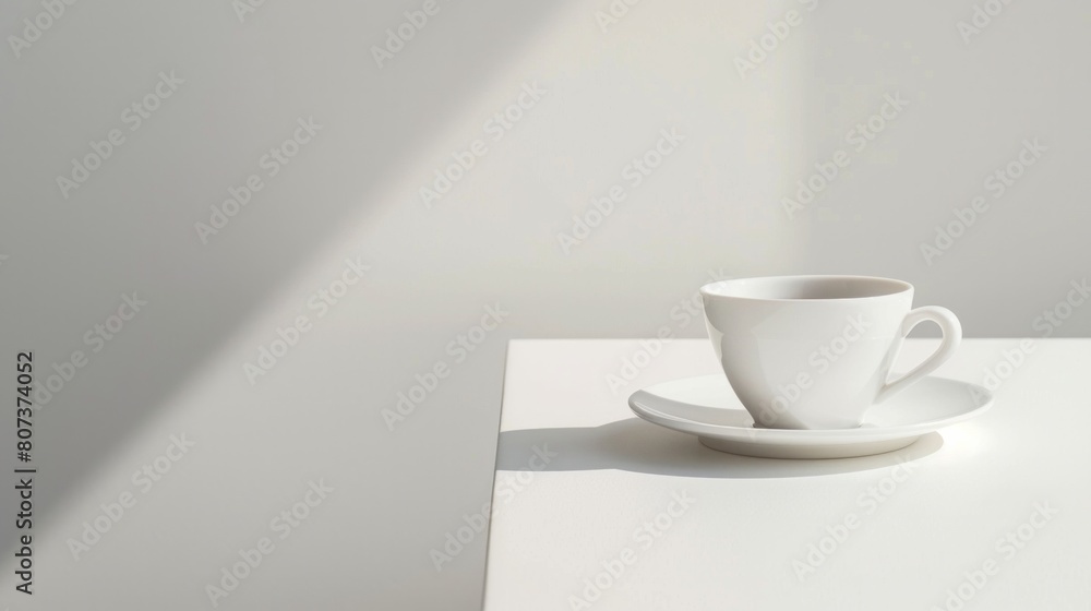 Minimalist Elegance: A minimalist composition with the white cup and saucer on a simple white table, highlighting the elegance and simplicity of enjoying a morning coffee or tea. Generative AI