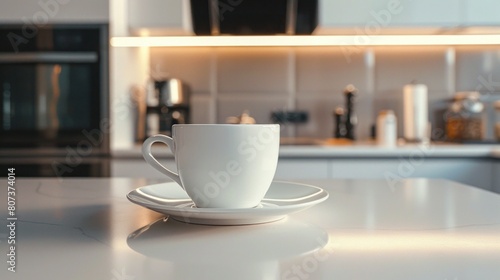 Kitchen Ambiance  The white cup and saucer set against the backdrop of a modern kitchen  showcasing sleek countertops  kitchen appliances  and a clean  contemporary aesthetic. Generative AI