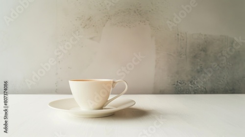 Minimalist Elegance: A minimalist composition with the white cup and saucer on a simple white table, highlighting the elegance and simplicity of enjoying a morning coffee or tea. Generative AI