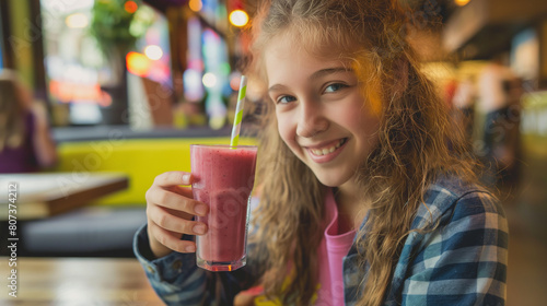 Garota tomando uma bebida rosa no café - wallpaper HD