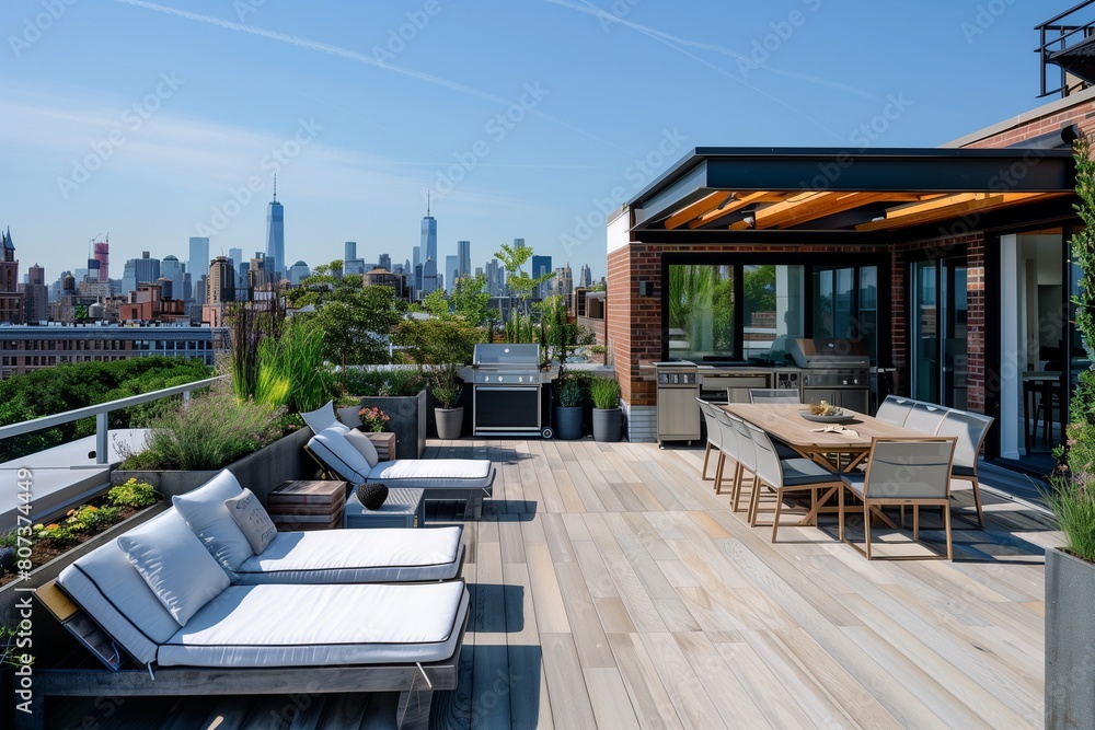 Stylish rooftop terrace of a multifamily home, offering panoramic views of the cityscape.